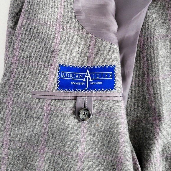 Adrian Jules Sport Coat Flannel Wool Blazer Plaid Gray Purple Mens 43 - Picture 11 of 15